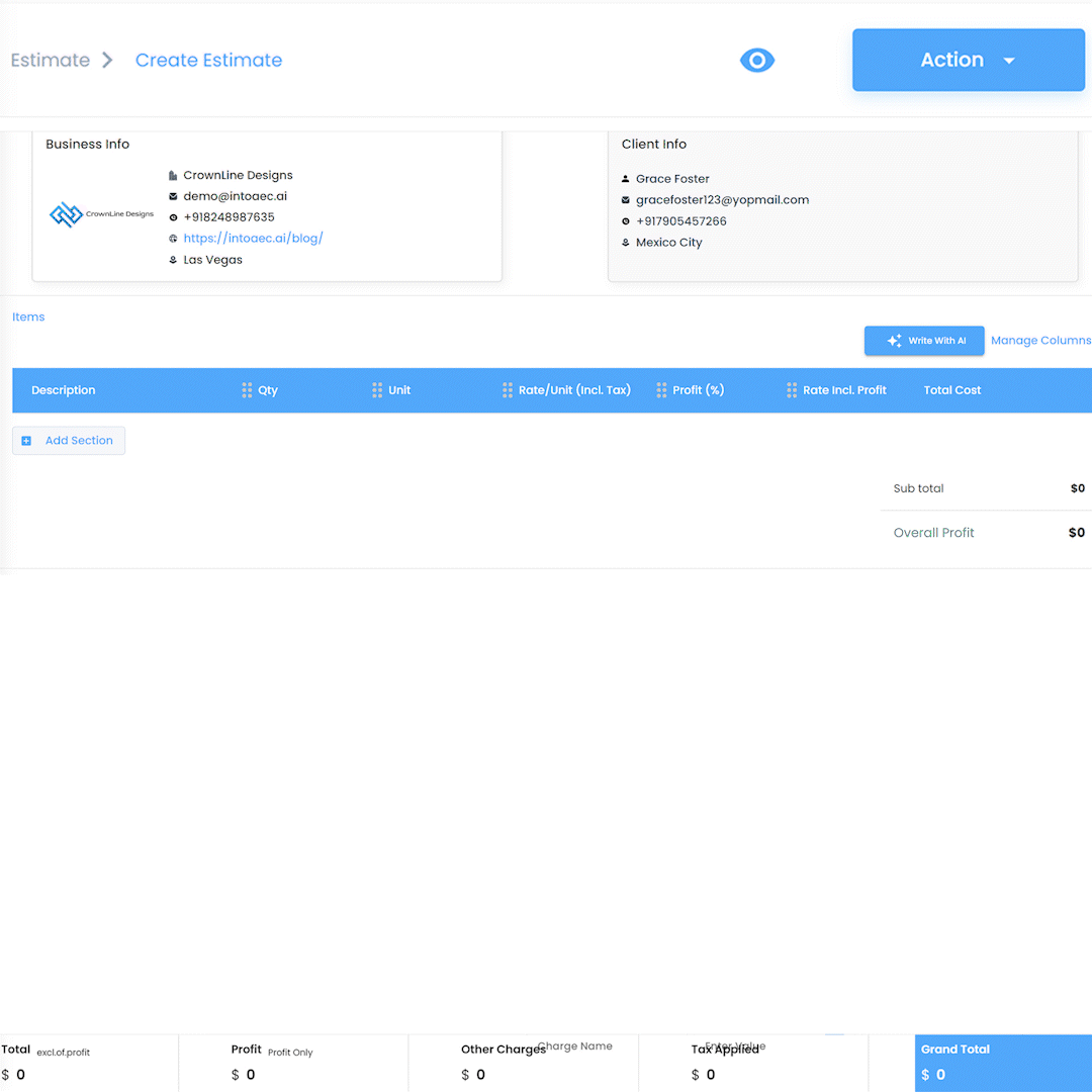 AI-powered estimate creation in IntoAEC for architects and interior designers, automating project cost estimation with intelligent suggestions.