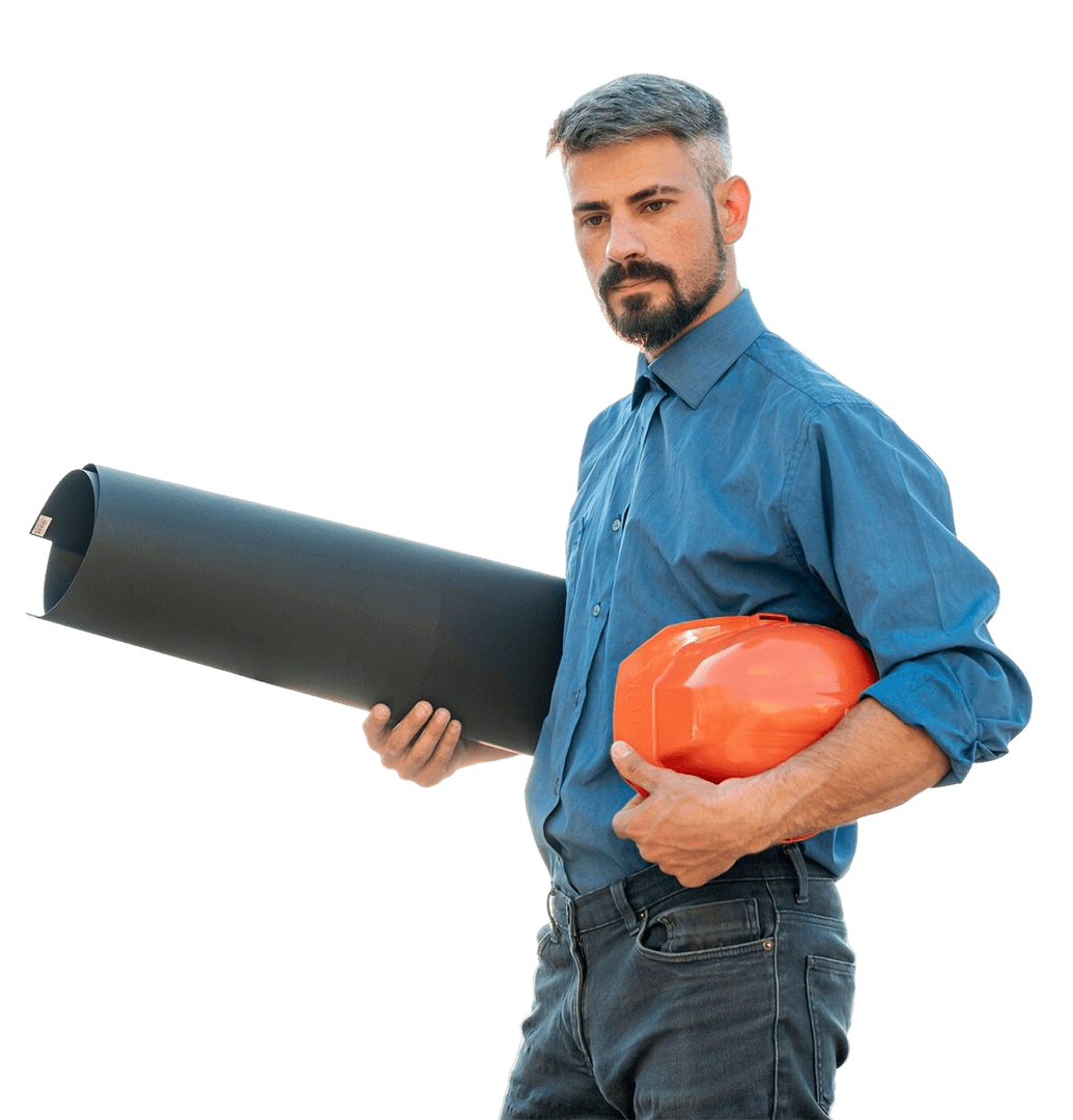 Architect holding blueprints and a safety helmet, representing creative and technical roles in architectural project management with IntoAEC software.