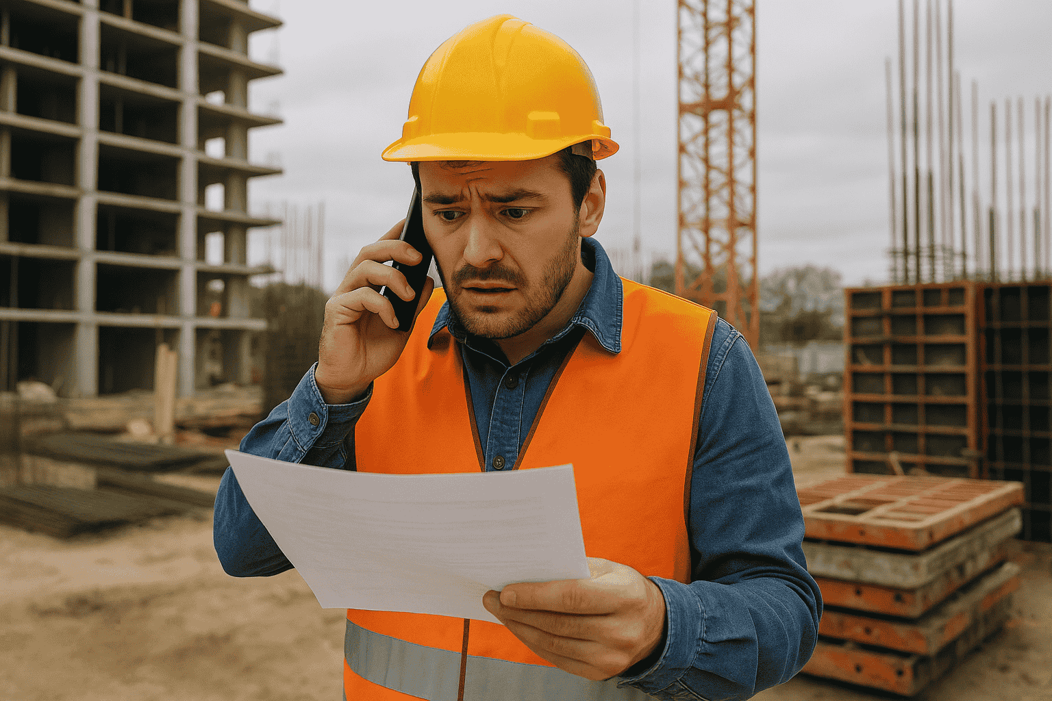 Contractor on a construction site reviewing plans while speaking on phone, representing project delays and disconnected workflows before using IntoAEC contractor software.