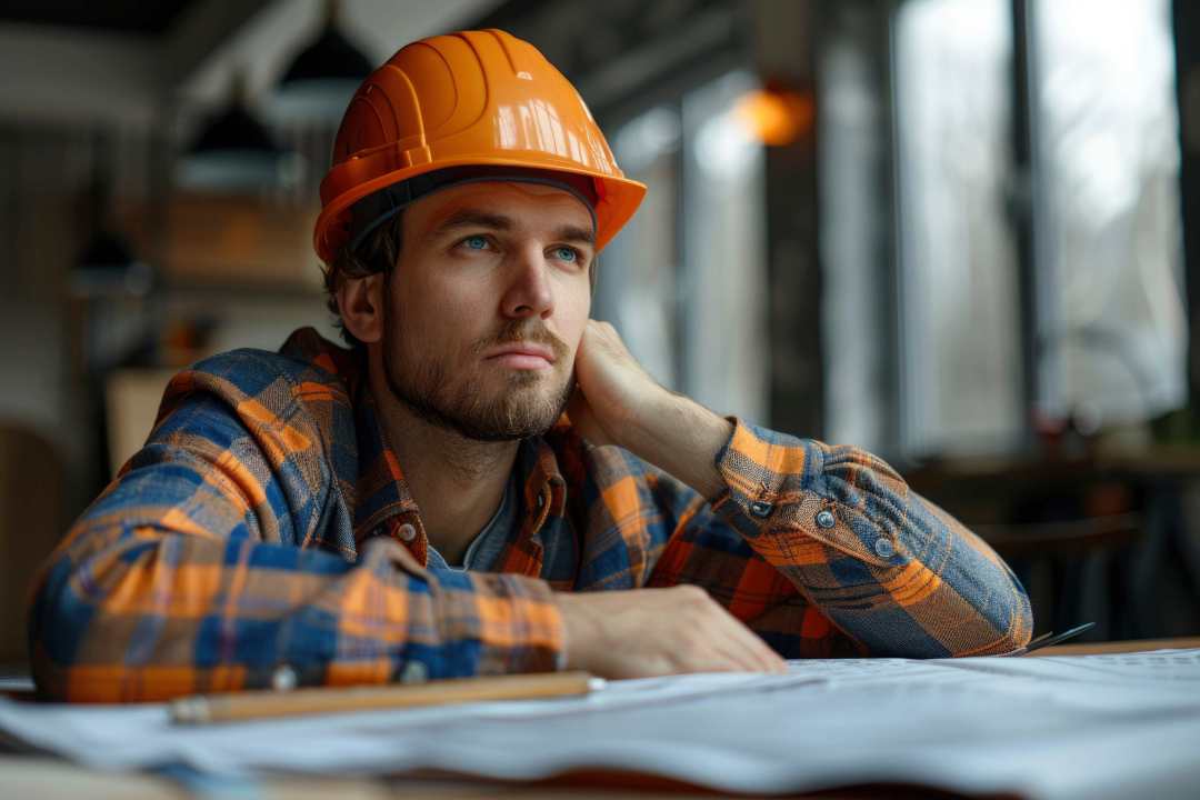 MEP engineer frustrated while reviewing project plans, representing coordination delays, design clashes, and approval challenges before using IntoAEC MEP project management software.