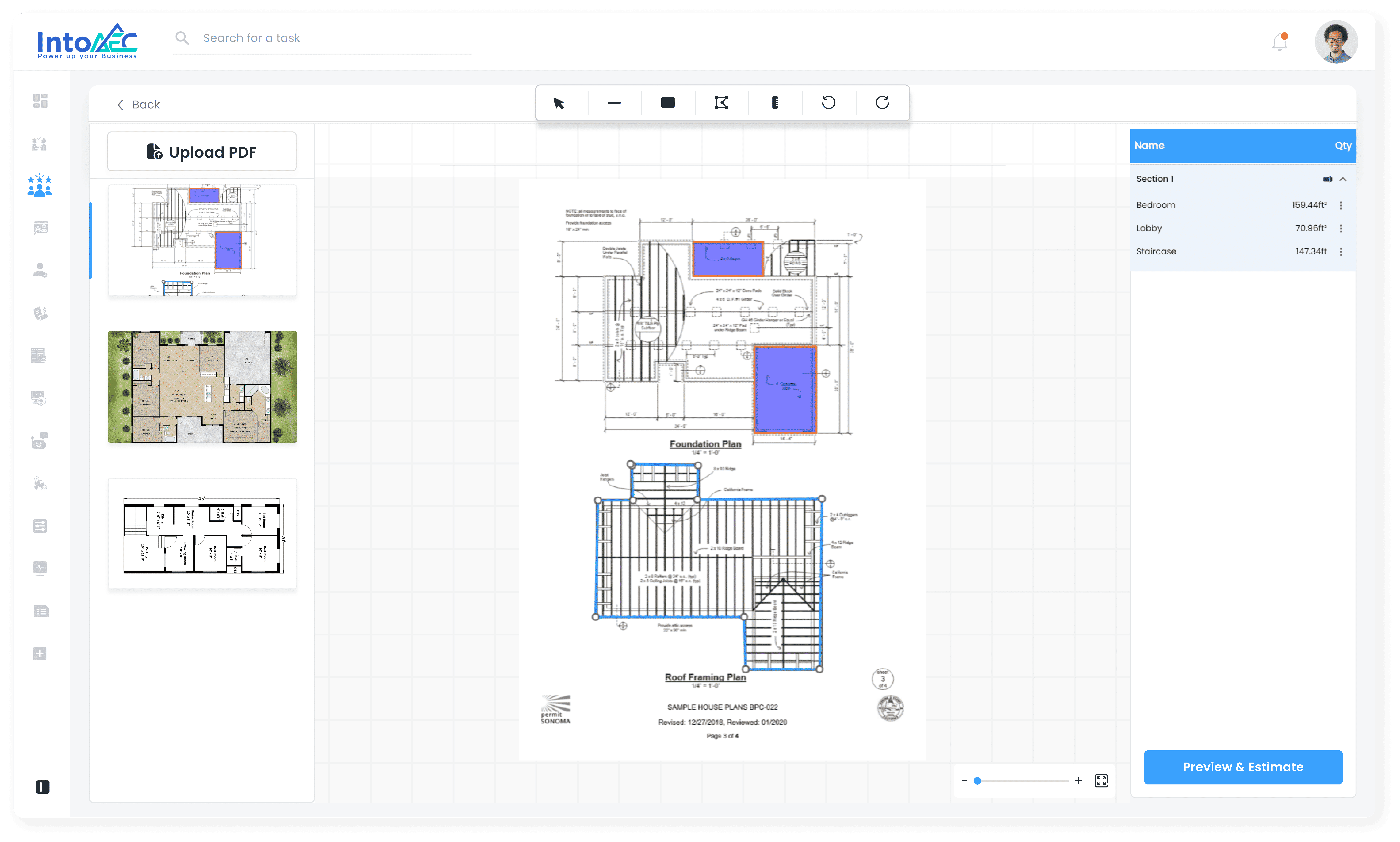 Intoaec 2D take-off tool for AEC professionals, enabling accurate measurement and quantity take-off from 2D drawings for construction projects