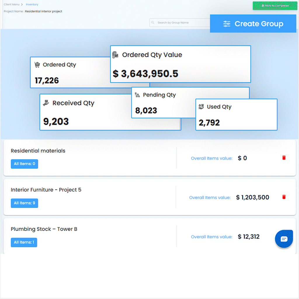 Inventory management software for architects, interior designers, and contractors to track materials and stock levels in construction projects