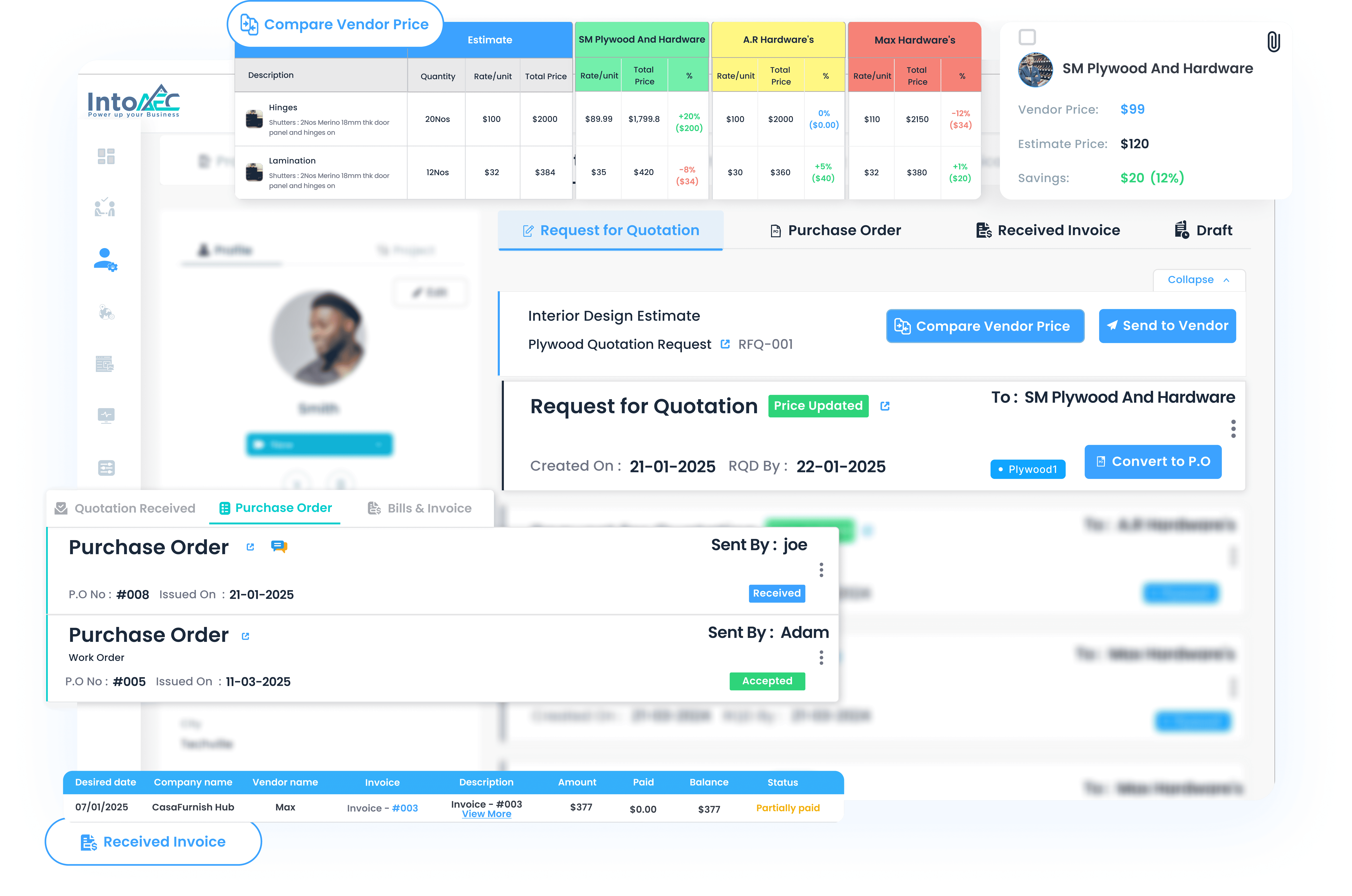Intoaec procurement tool for AEC professionals, streamlining supplier management, material procurement, and order tracking