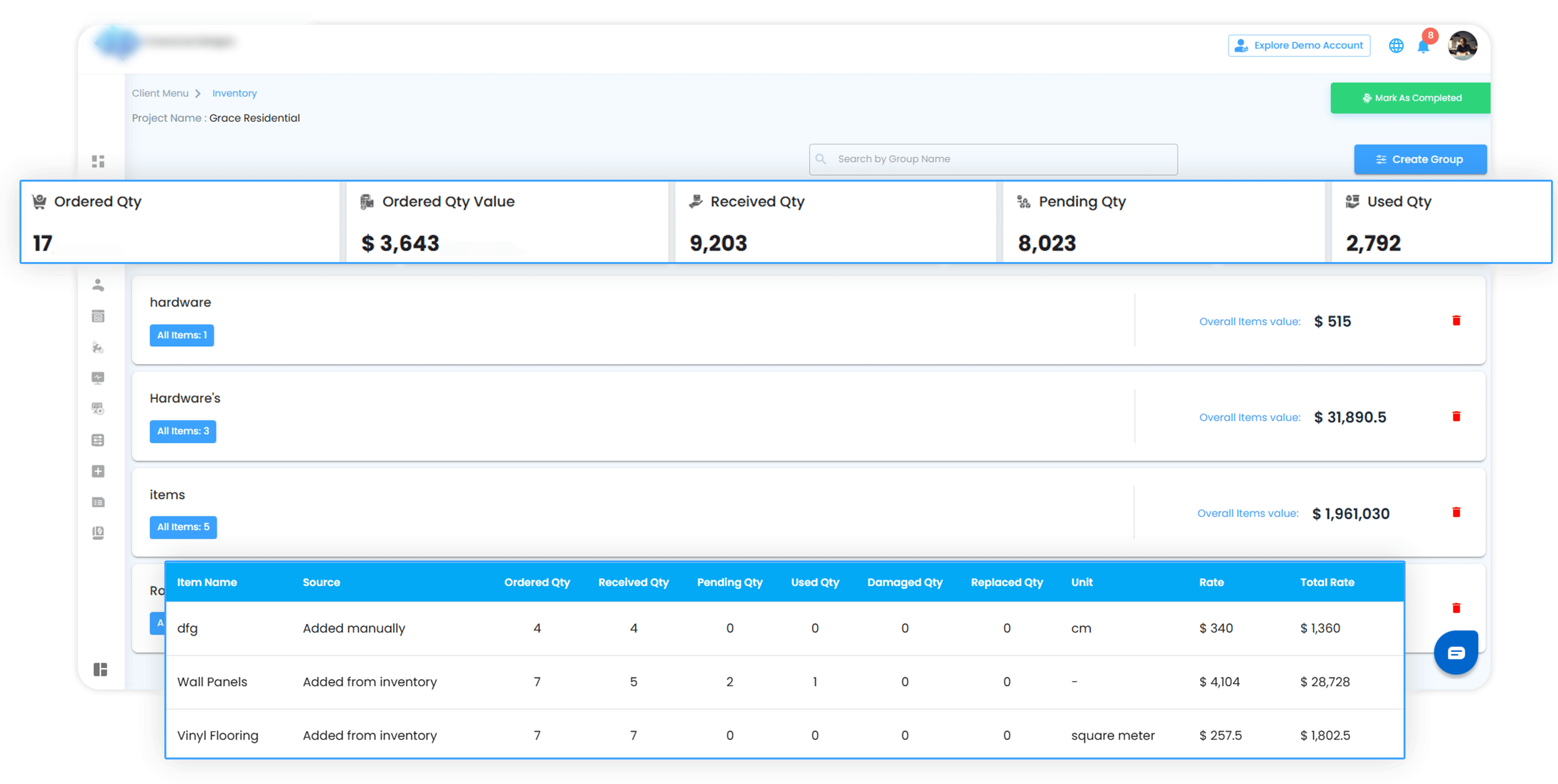 Construction inventory management dashboard for tracking material usage and deliveries
