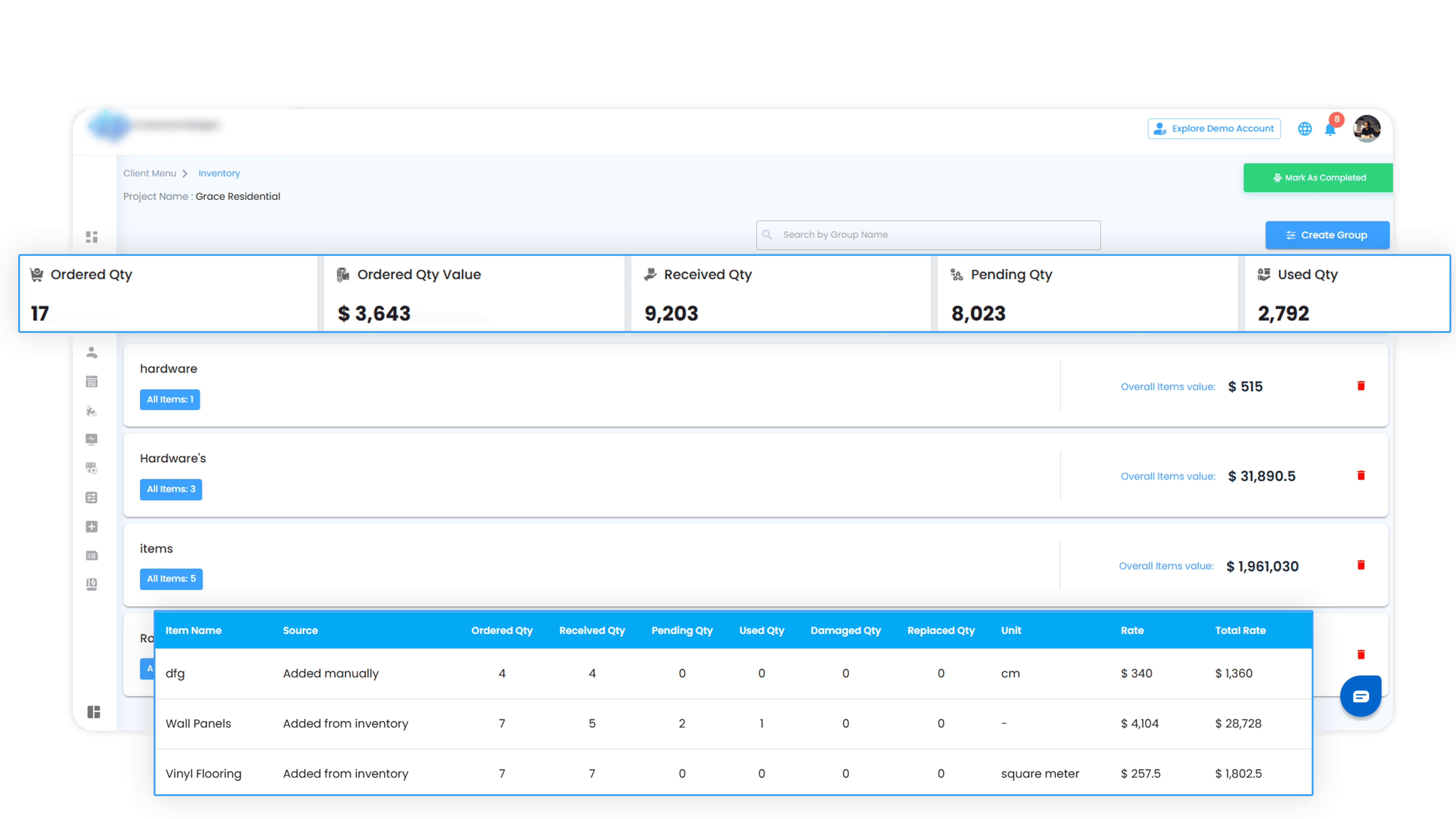 Construction inventory management dashboard for tracking material usage and deliveries
