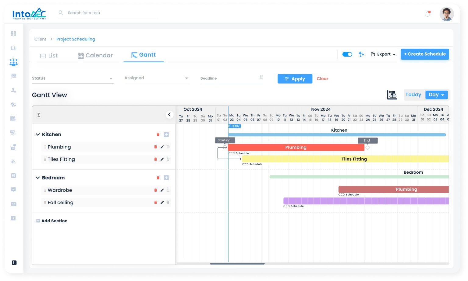 Project scheduling tool for AEC professionals, featuring Gantt charts, task timelines, and real-time updates for efficient project management
