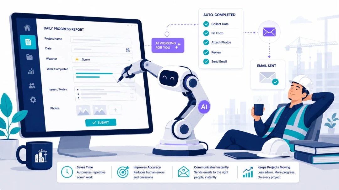 Illustration showing an AI robot arm filling in a daily progress report form while a construction manager relaxes, with auto-completed steps including collect data, fill form, attach photos, review, and send email.