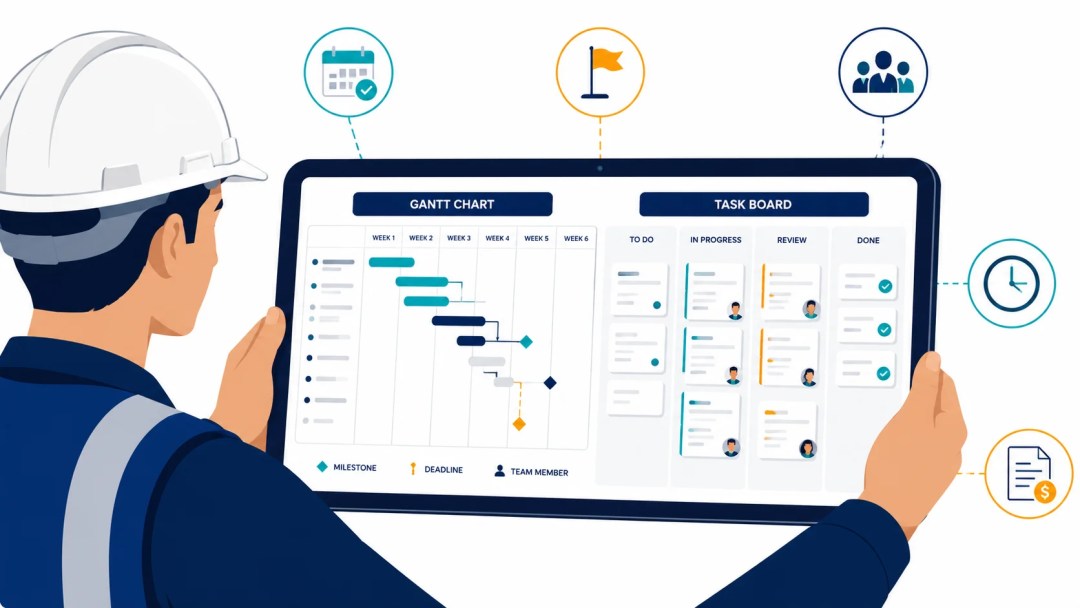 Illustration of a construction project manager reviewing a tablet showing a Gantt chart with milestones and deadlines alongside a Kanban task board with to-do, in-progress, review and done columns.