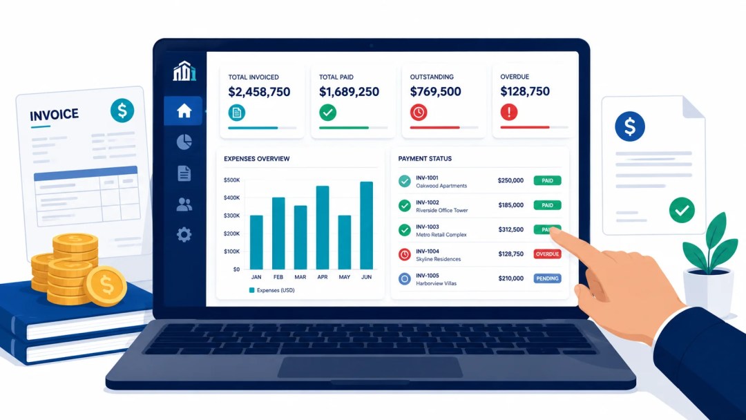 Illustration of a construction project invoice and payment dashboard showing total invoiced, paid, outstanding and overdue amounts alongside an expenses chart and payment status list.