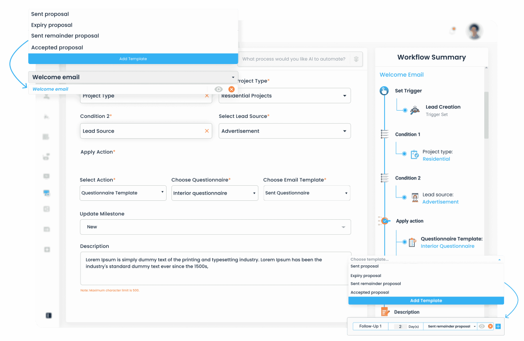Dashboard view of AEC Automation Software by intoAEC streamlining project tasks, schedules, and client communication for architects and engineers.