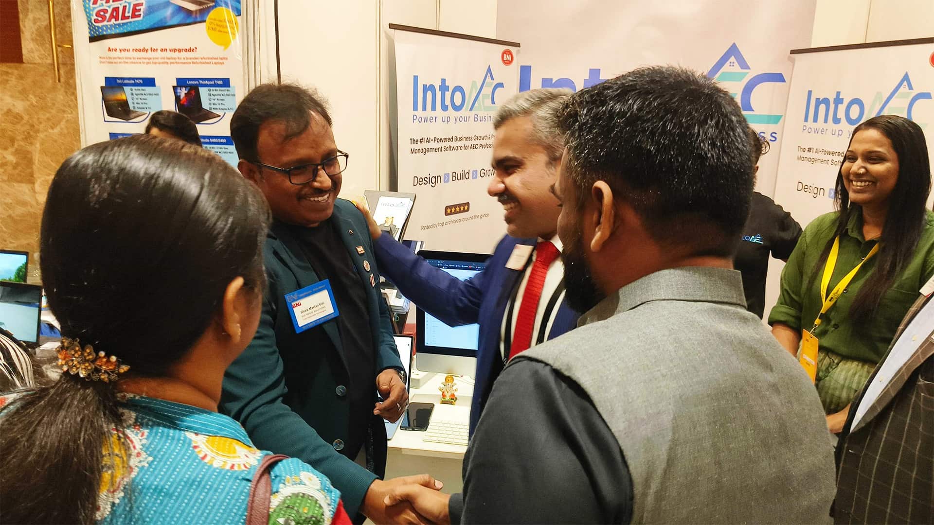 IntoAEC team interacting with professionals during BNI Connect Fest 2025 in Chennai, showcasing AI-powered project management software for architects, engineers, and construction companies.