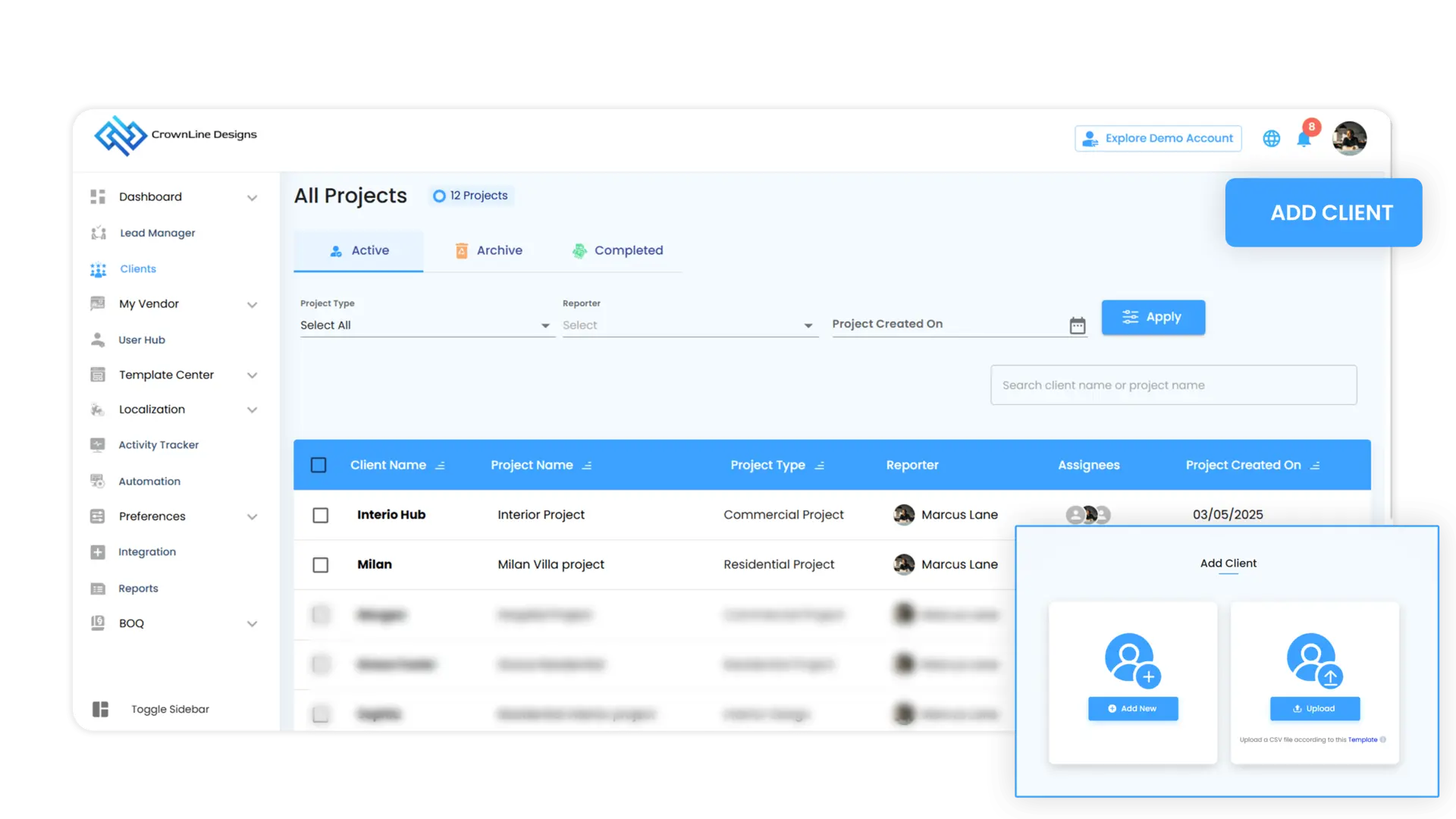 Client management dashboard in CRM software for architects, engineers, contractors, and construction teams, showing dashboards, communication, project tracking, and vendor management