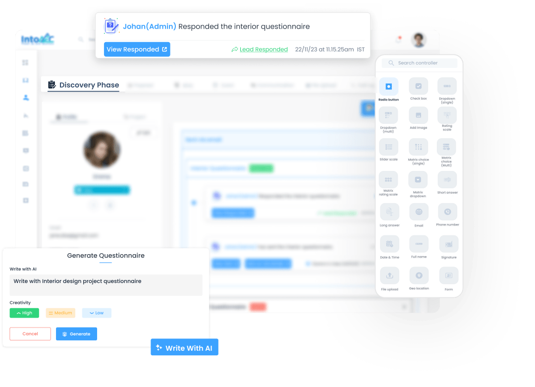 Interior design questionnaire dashboard response - IntoAEC Project Management Software