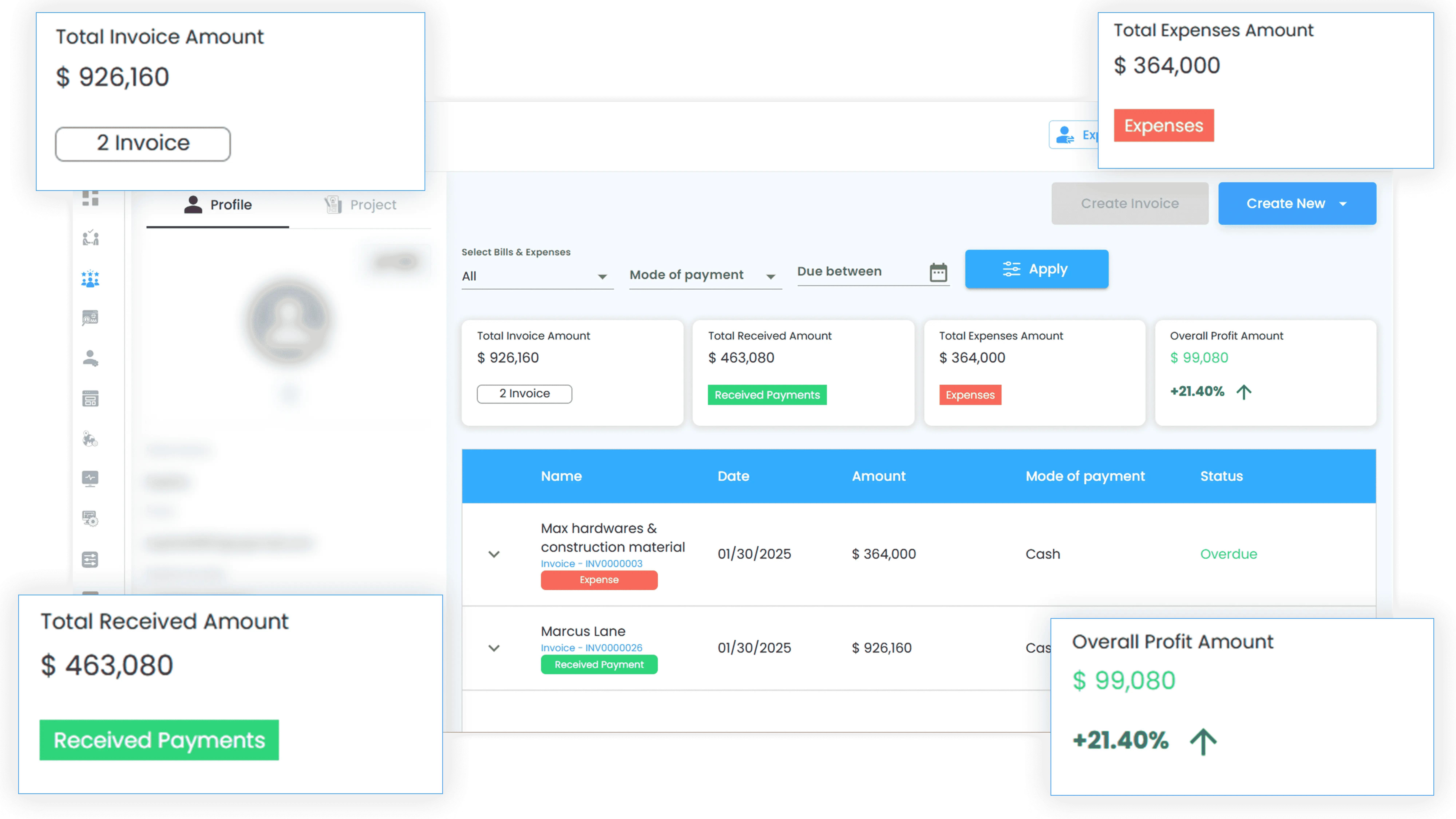 IntoAEC bills and expenses software dashboard showing smart bills, payment tracking, and expense management for architects, engineers, and construction teams