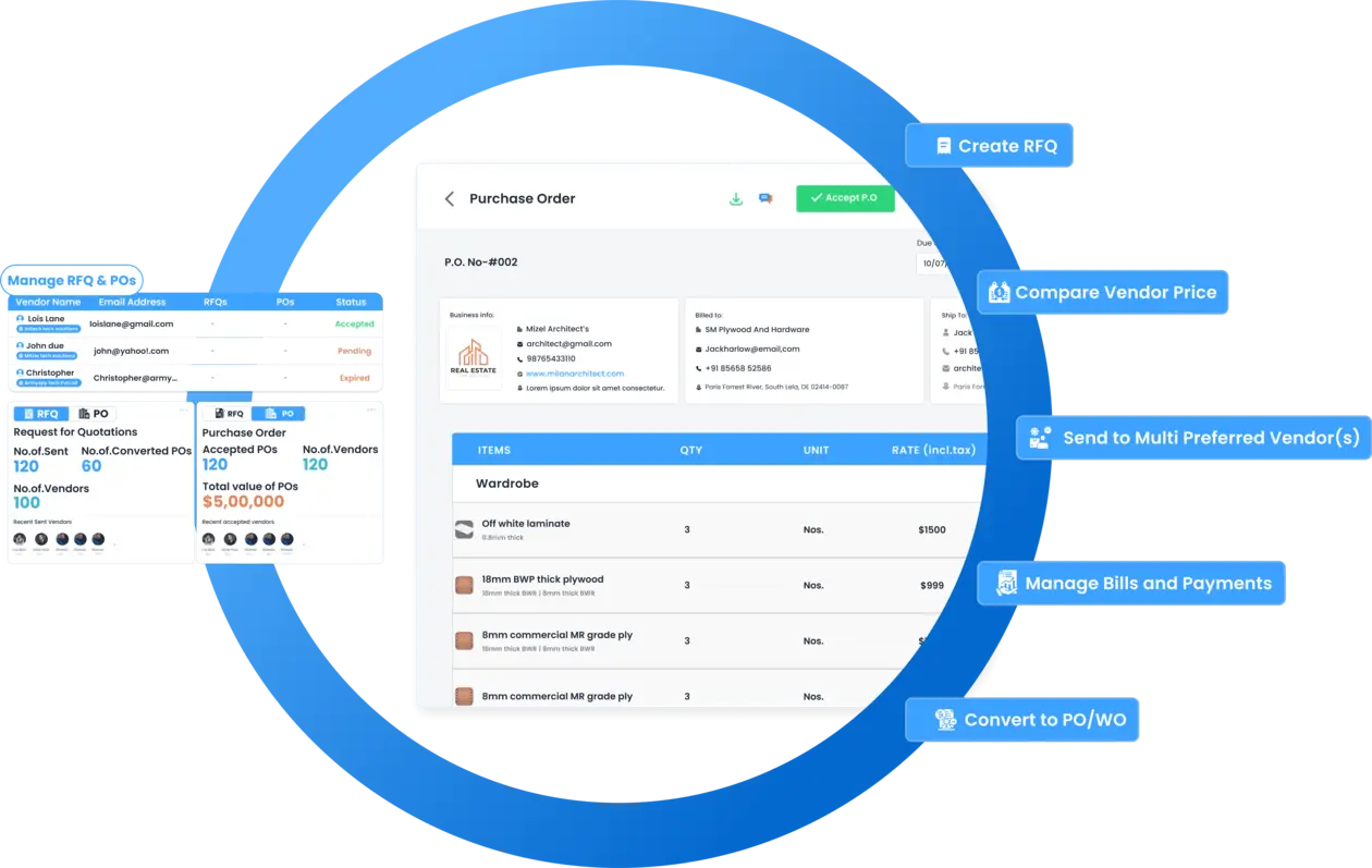 Procurement software for construction and architecture projects showing procurement cycle, purchase orders, supplier management, and planning dashboards in IntoAEC.