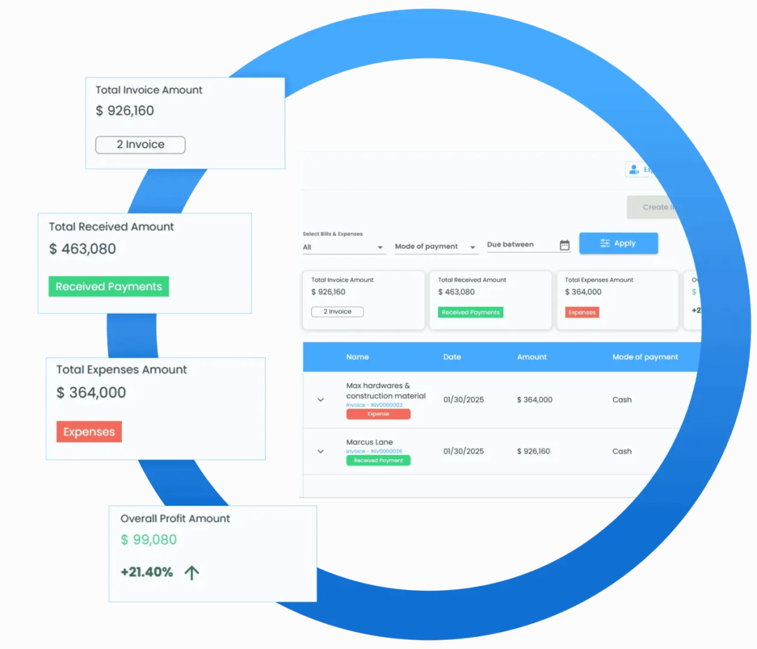 Smart bills and expense management software for construction and architecture teams showing dashboards, payment tracking, and reporting in IntoAEC platform