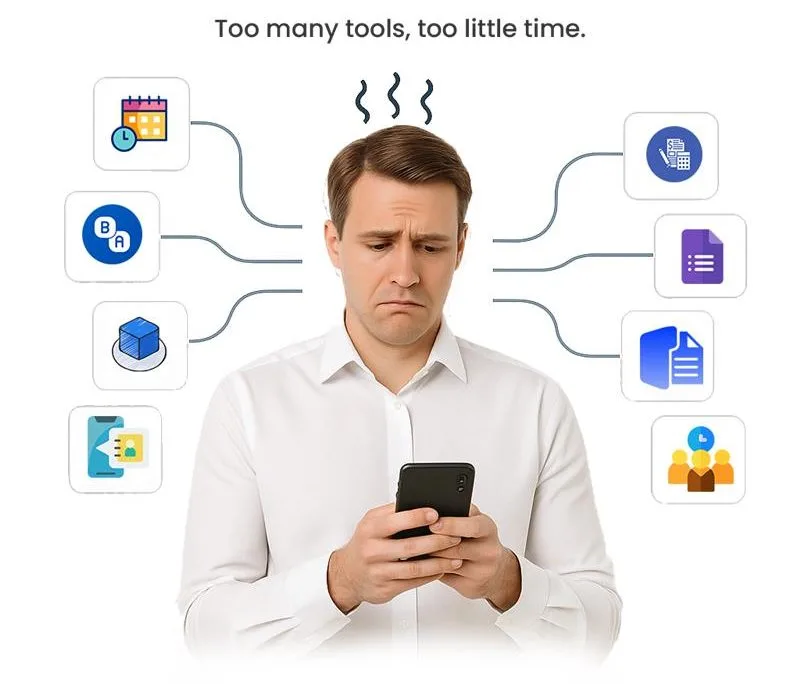 A frustrated project manager overwhelmed by multiple disconnected project management tools, representing fragmented construction workflows before using IntoAEC’s unified AEC software.