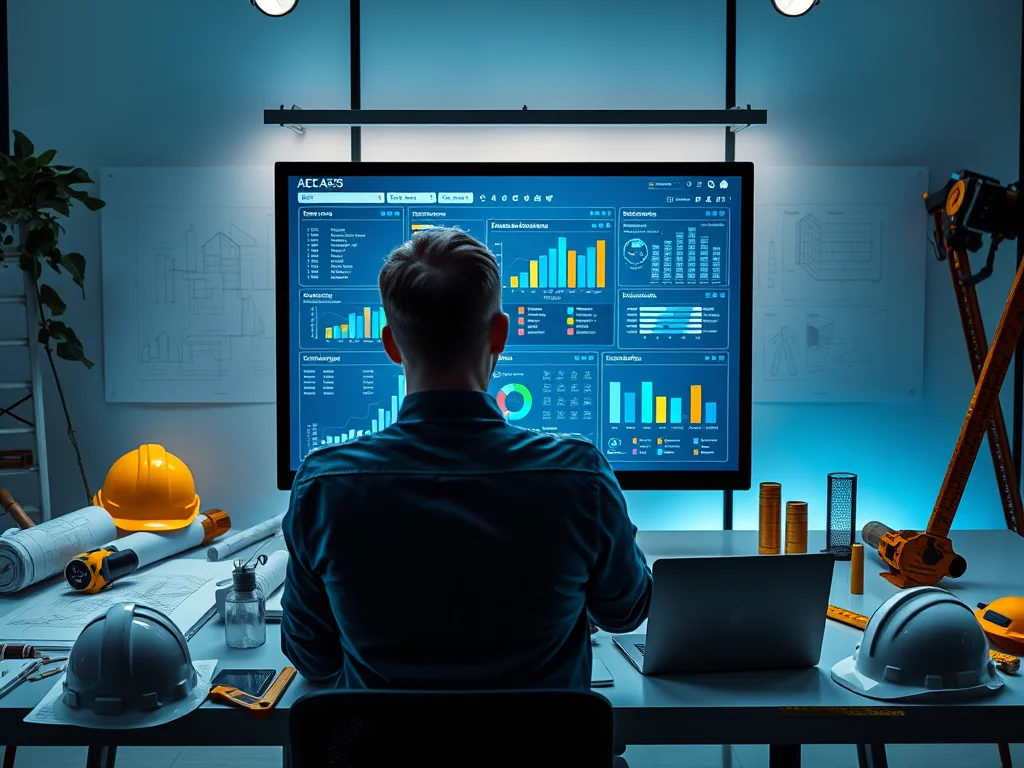A construction professional viewed from behind reviewing a large illuminated project management dashboard with multiple charts and data panels, surrounded by hard hats, blueprints and construction tools.