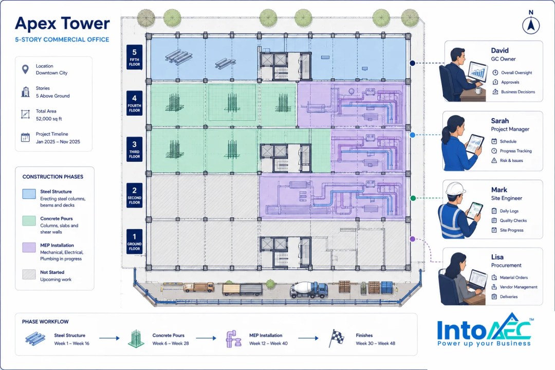 Illustrated floor plan of Apex Tower, a five-storey commercial office building, showing construction phases by floor (steel structure, concrete pours, MEP installation, not started) with team roles for GC owner, project manager, site engineer and procurement.
