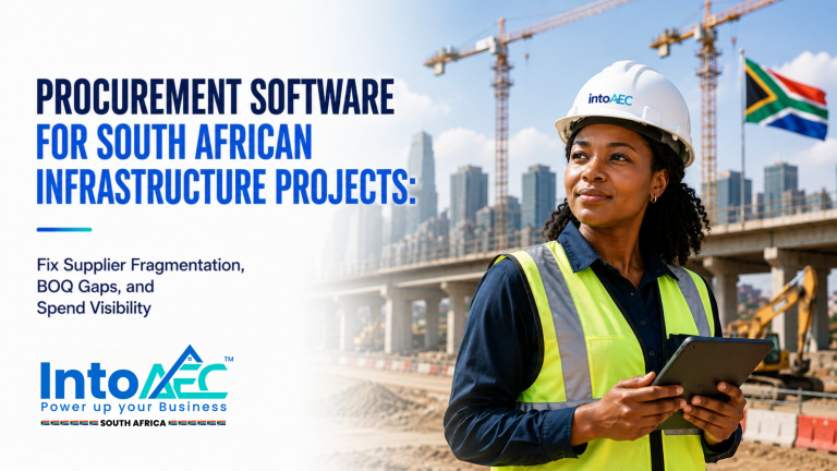 South African construction site manager using IntoAEC procurement software on a tablet, with cranes and the South African flag in the background