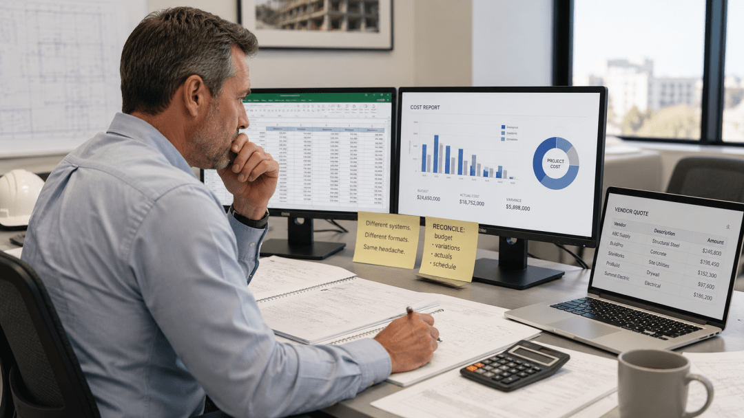 An experienced estimator at an office desk studying several disconnected screens showing a spreadsheet and cost-report charts, with paperwork, sticky notes and a calculator, reconciling data across separate systems
