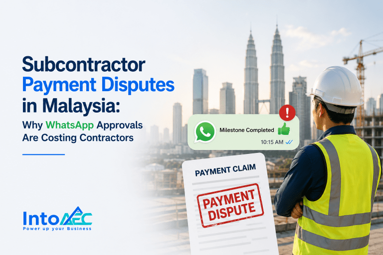 Malaysian contractor in safety vest looking at KL skyline with a WhatsApp milestone approval message and a stamped payment dispute claim document