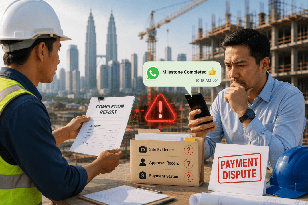 Subcontractor holding a completion report and invoice while a Malaysian contractor checks a WhatsApp milestone approval, with missing site evidence, approval record and payment status files
