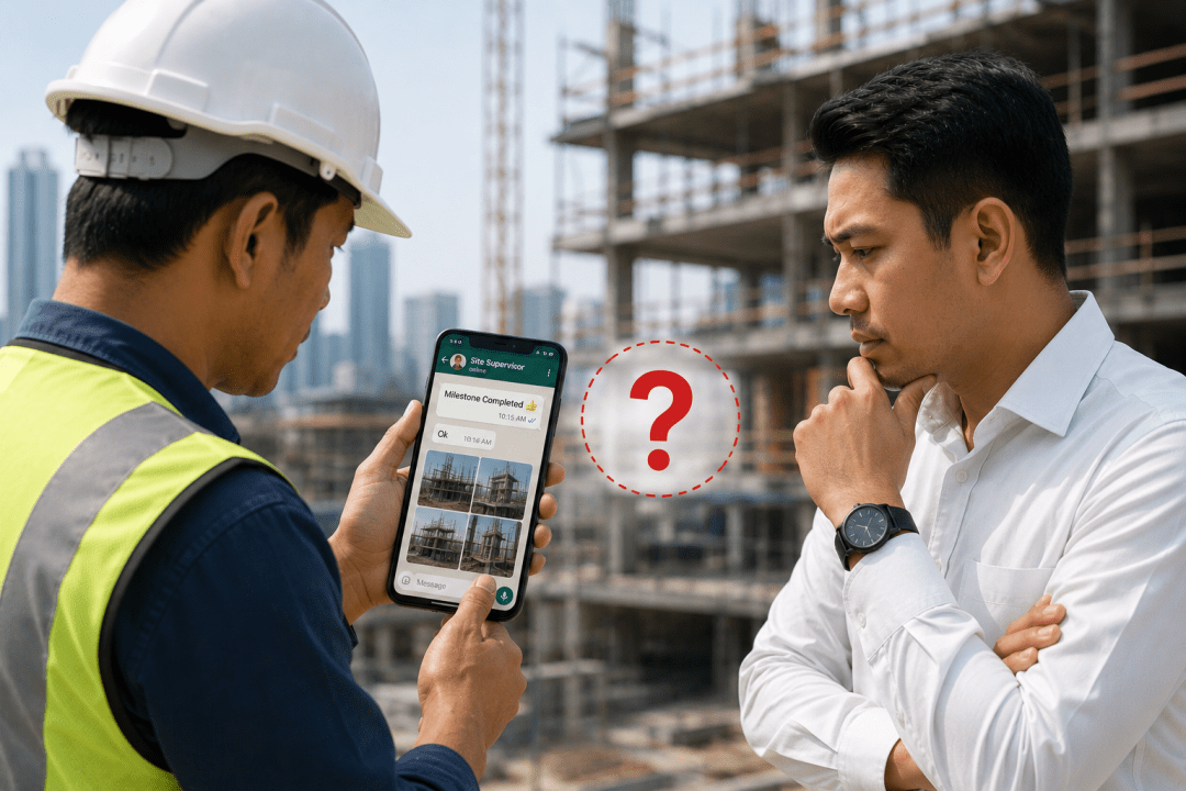 Site supervisor showing a WhatsApp chat with milestone completed message and site photos to a doubtful Malaysian main contractor at a construction site