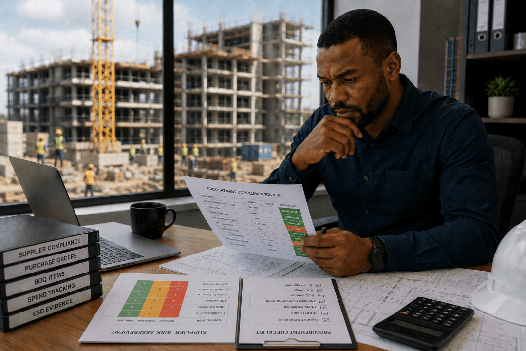 South African contractor reviewing a procurement compliance report at a desk, with labelled binders for supplier compliance, purchase orders, BOQ items, spend tracking and ESD evidence, and a construction site visible through the window