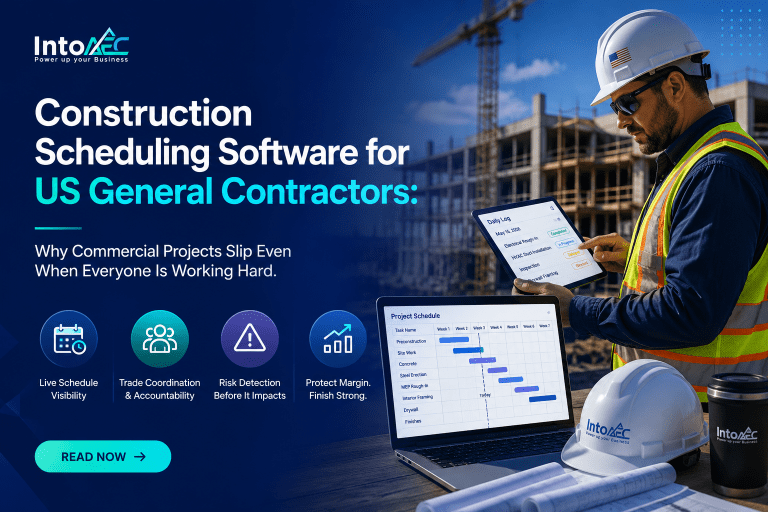 Construction scheduling software for US general contractors showing live Gantt chart and daily log on tablet and laptop at a commercial jobsite