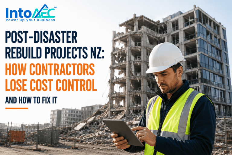 Contractor managing cost control on a tablet at a post-disaster rebuild project in NZ beside an earthquake-damaged building