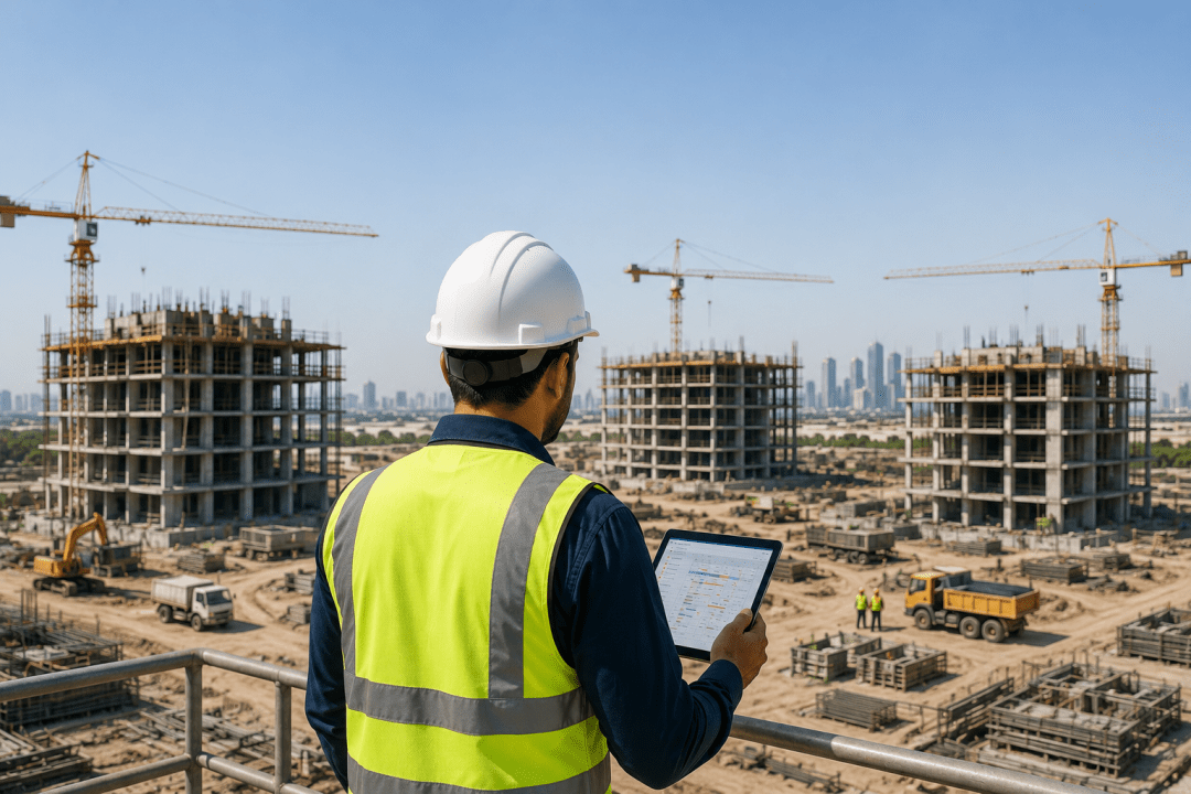 Site manager overseeing worker deployment across multiple UAE construction sites from one workforce tracking dashboard