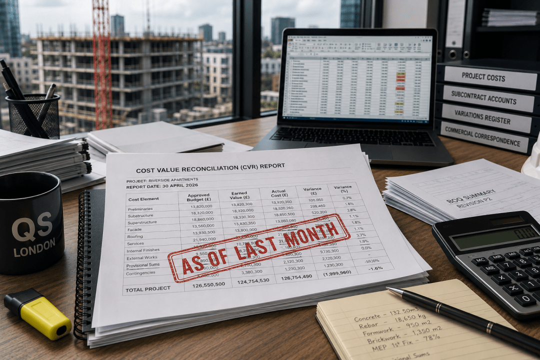 A printed UK construction Cost Value Reconciliation report stamped "As of last month" on a quantity surveyor's desk, with a laptop spreadsheet, calculator, BOQ summary and labelled commercial binders