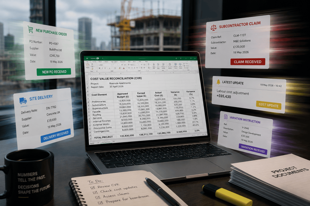 A static Excel Cost Value Reconciliation sheet on a laptop surrounded by live floating updates for a new purchase order, site delivery, subcontractor claim, variation instruction and labour cost adjustment that the spreadsheet has not captured