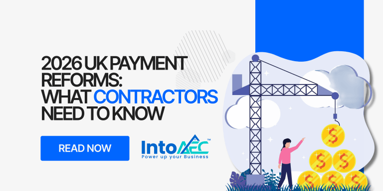 UK construction retention ban 2026 - IntoAEC blog banner showing contractor cash flow reform guide