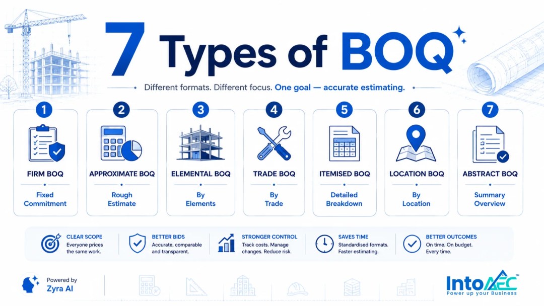 Infographic showing the 7 types of BOQ: firm, approximate, elemental, trade, itemised, location, and abstract.
