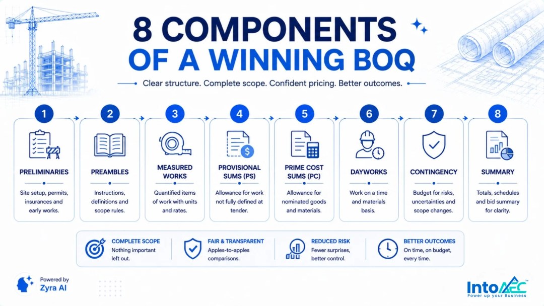 Flow infographic showing how the 8 components of a BOQ build up in sequence to a final tender total of $1,950,000.