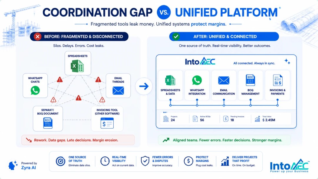 Before-and-after infographic comparing a fragmented multi-tool construction workflow against a unified IntoAEC platform.