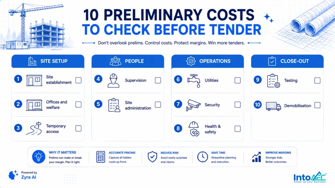 Checklist infographic listing 10 preliminary costs to check before tender, grouped into site setup, people, operations, and close-out.