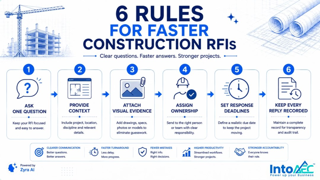 Infographic listing 6 rules for faster construction RFIs: ask one question, provide context, attach visual evidence, assign ownership, set response deadlines, and keep every reply recorded.