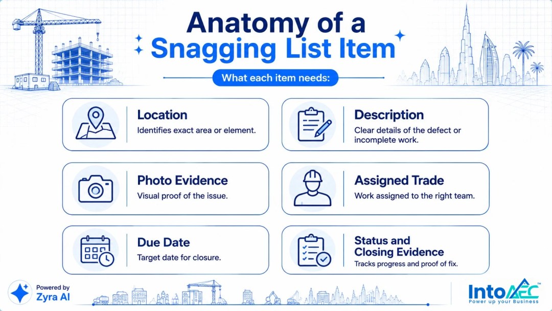 Checklist infographic showing the 6 required fields for each snagging list item: location, description, photo evidence, assigned trade, due date, and status and closing evidence.