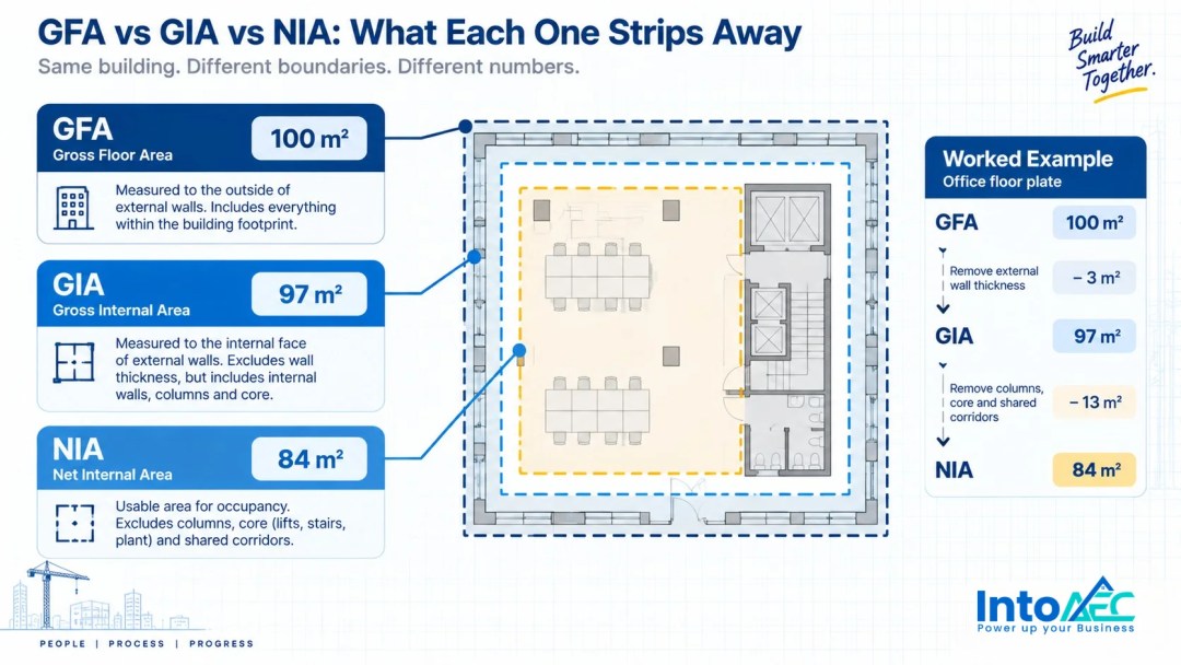 Annotated office floor plan illustrating gfa meaning, GIA and NIA boundaries, with a worked example showing 100 sqm GFA reduced to 97 sqm GIA after removing wall thickness, then to 84 sqm NIA after removing columns, core and corridors
