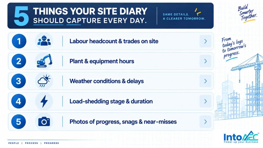Infographic listing 5 things a construction site diary should capture every day: labour headcount and trades on site, plant and equipment hours, weather conditions and delays, load-shedding stage and duration, and photos of progress, snags and near-misses