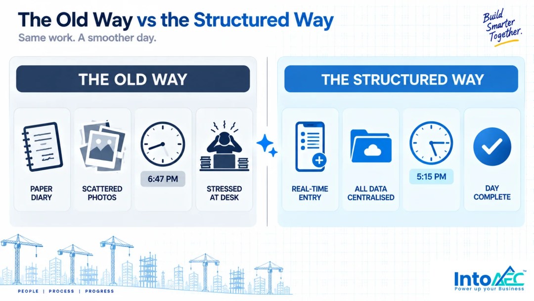 Comparison infographic showing the old way of compiling a construction daily report — paper diary, scattered photos, 6:47pm finish, stressed site manager — versus the structured way — real-time entry, centralised data, 5:15pm finish, day complete