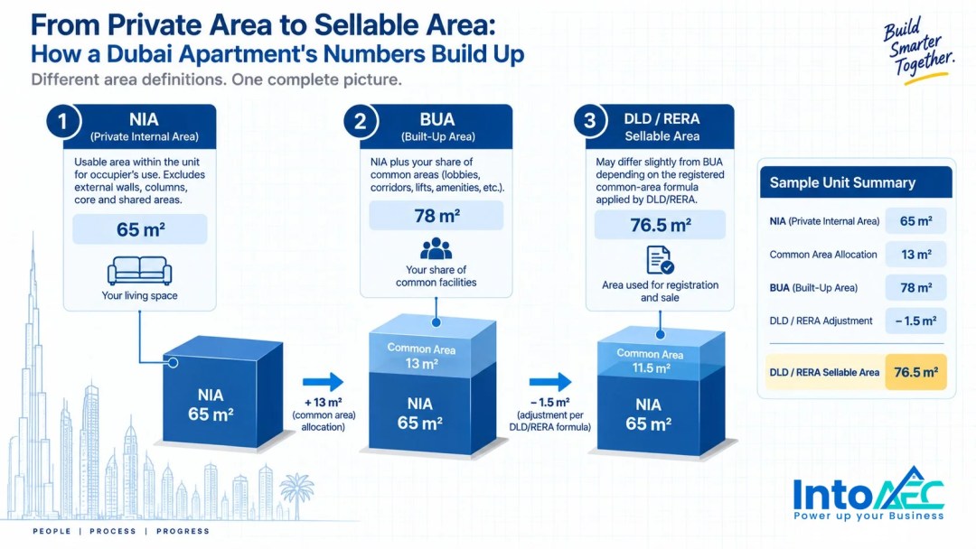 Stacked block diagram showing gfa meaning in context: a Dubai apartment area build-up from 65 sqm NIA private internal area, adding 13 sqm common area allocation to reach 78 sqm BUA, then adjusting to 76.5 sqm DLD/RERA Sellable Area