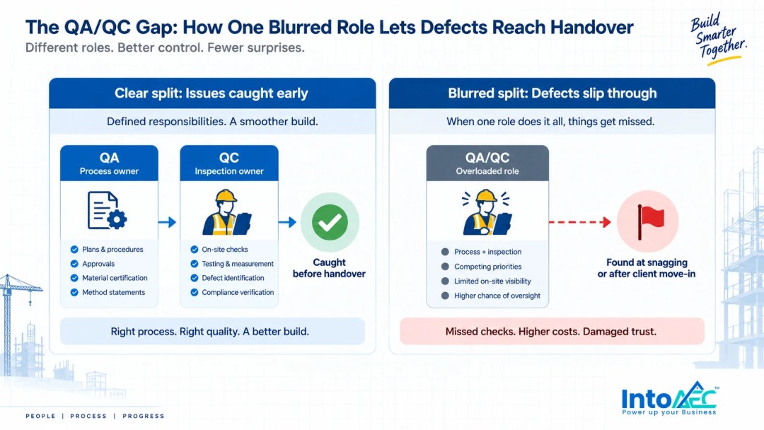 Split-panel infographic comparing a clear QA/QC role split that catches defects before handover against a blurred single-role setup where defects are found at snagging or after client move-in