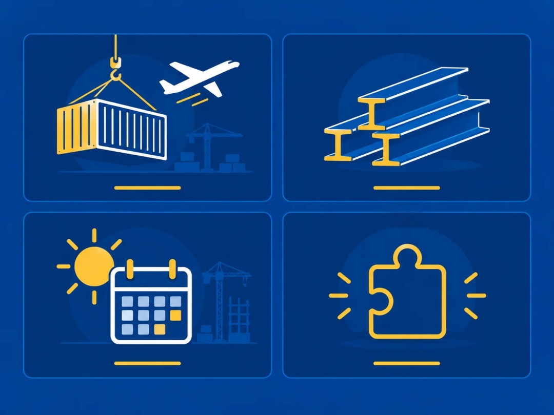 Four icon cards showing UAE construction procurement risk categories: imports, steel, seasonal hours, single-source trades